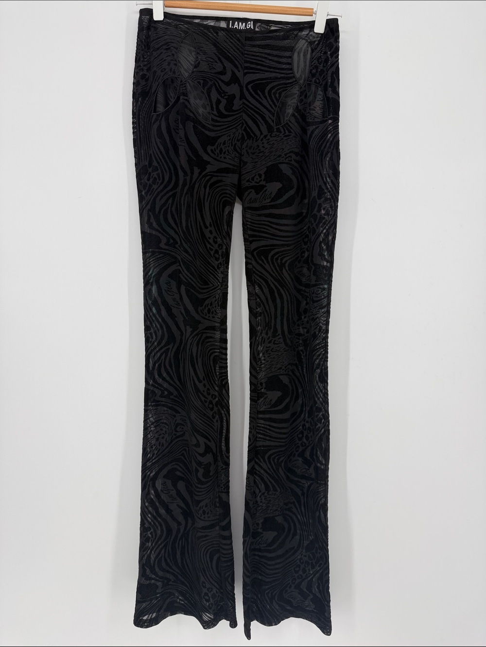 I.AM.GIA Amina Black Burnout Sheer Mesh Flare Pants Hip Cutout M